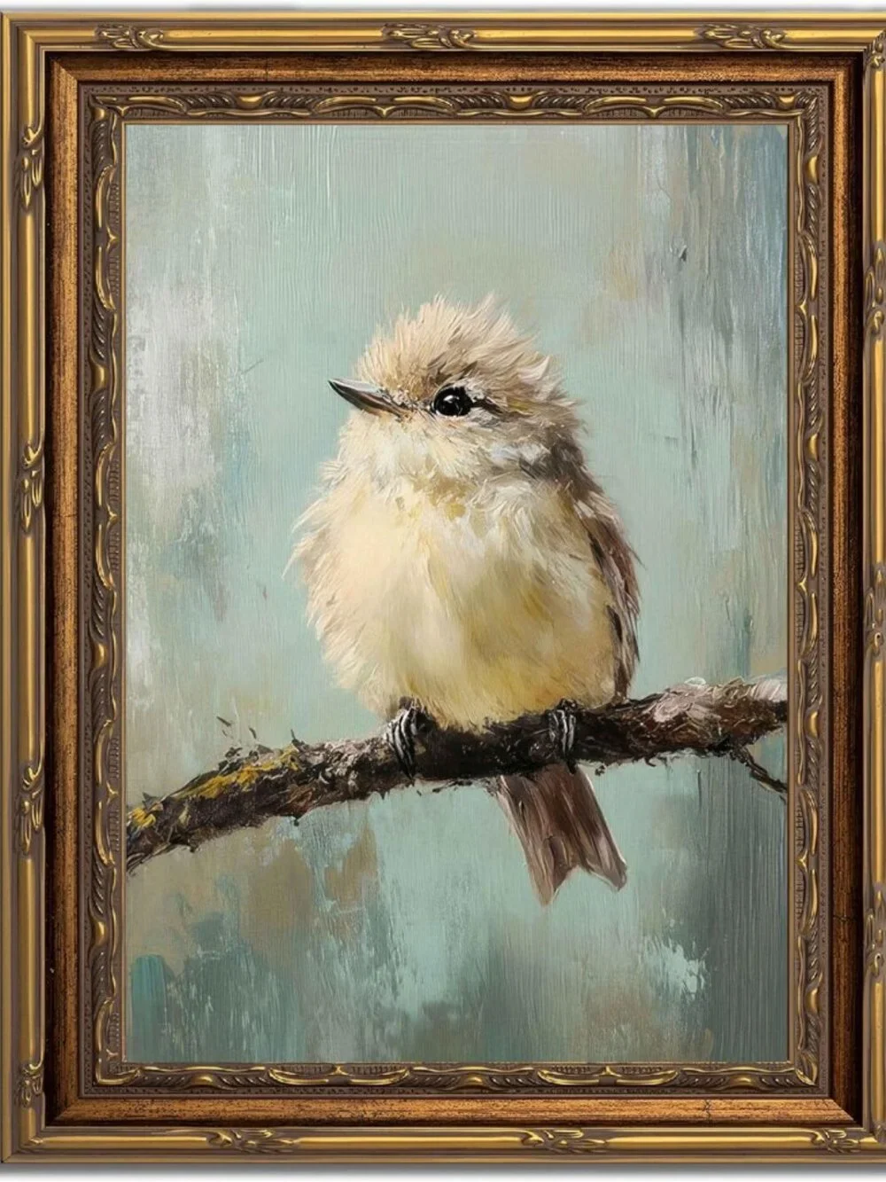 Vintage Gold Framed Bird Canvas Art - Beige Sparrow Wall Decor for Home